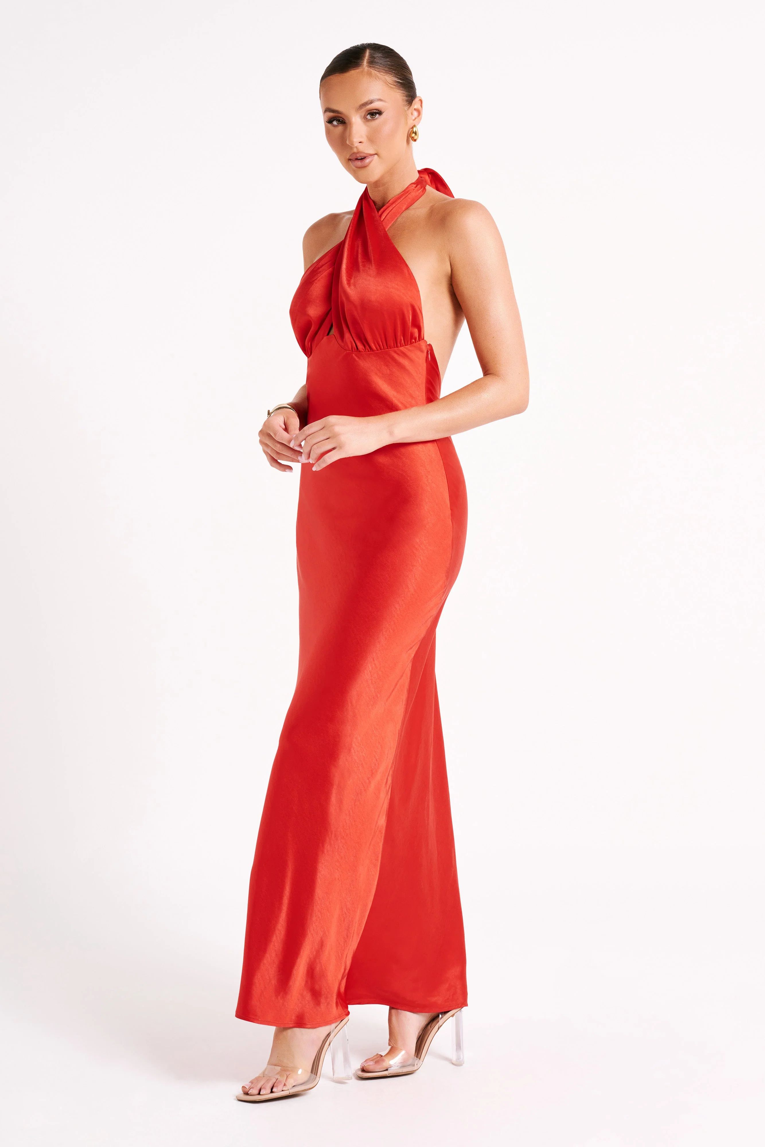 Marvelle Satin Halter Maxi Dress - Vermilion Red | MESHKI US
