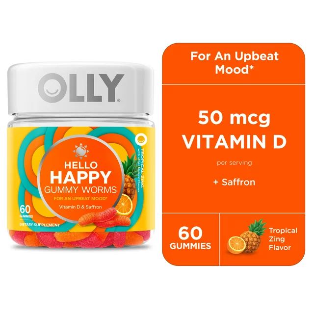 OLLY Hello Happy Gummy Worms, Mood Balance Support Supplement, Vitamin D, Tropical, 60 Ct | Walmart (US)
