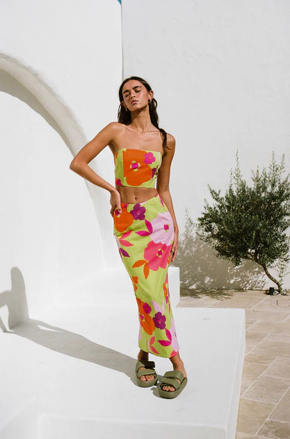 Drea Midi Skirt - Lime Floral | SABO SKIRT (Global)