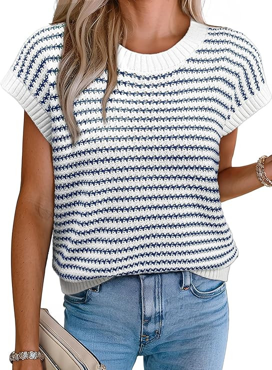 EVALESS Women's Sweater Vest Striped Pullover Tank Top Round Neck Cap Sleeve Lightweight 2025 Sum... | Amazon (US)