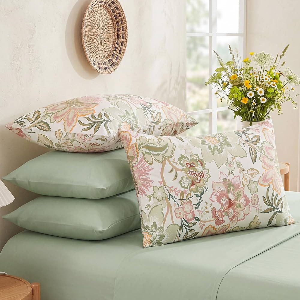 Bedorm 100% Cotton Pillowcases Set of 2 Standard Size Floral Pillow Cover Green | Amazon (US)