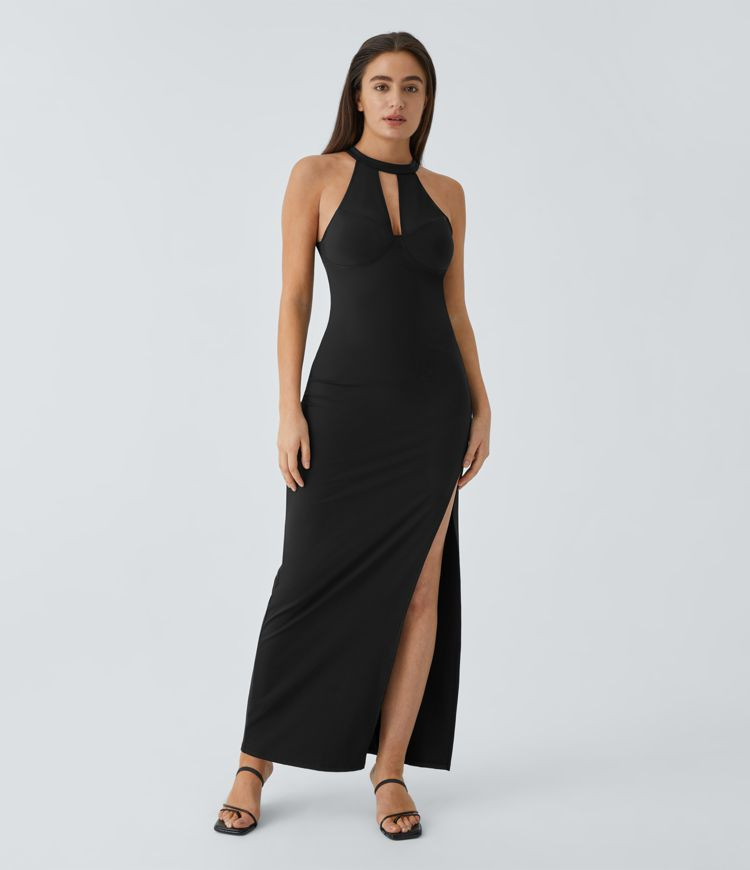 Women’s Softlyzero™ Airy Halter Keyhole Back Cut Out Backless Contrast Mesh Split Maxi Cool T... | HALARA