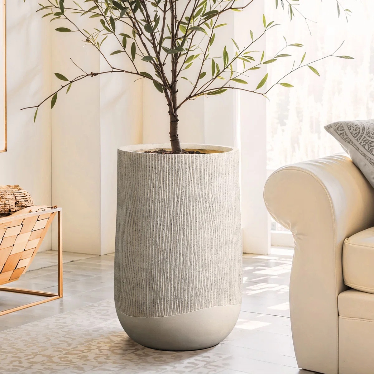 Wood‑Look Textured MgO Planter, 27.2" Tall Beige Decorative Garden Pot | Wayfair North America
