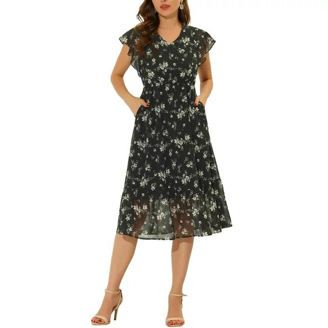 Allegra K Women's Floral Chiffon Elastic Waist V Neck Ruffled Hem Dress | Walmart (US)