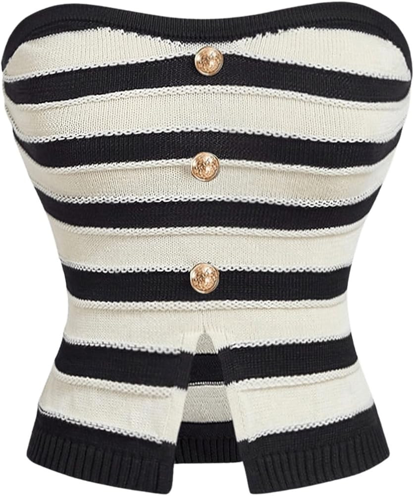 GORGLITTER Women's Strapless Knit Tube Top Striped Button Up Sleeveless Sweater Dressy Trendy Goi... | Amazon (US)