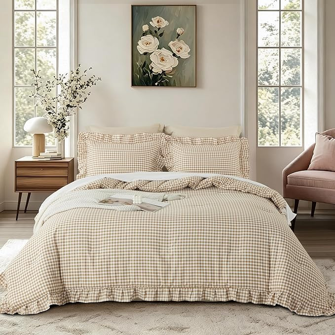 Cupocupa Gingham Ruffle Comforter Set Full - 3 Piece Tan Checkered Bedding Set - Aesthetic Cottag... | Amazon (US)