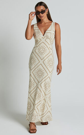 Sharlyn Midi Dress - Deep V Neck Sleeveless Slip Dress in Beige Sun Print | Showpo (US, UK & Europe)