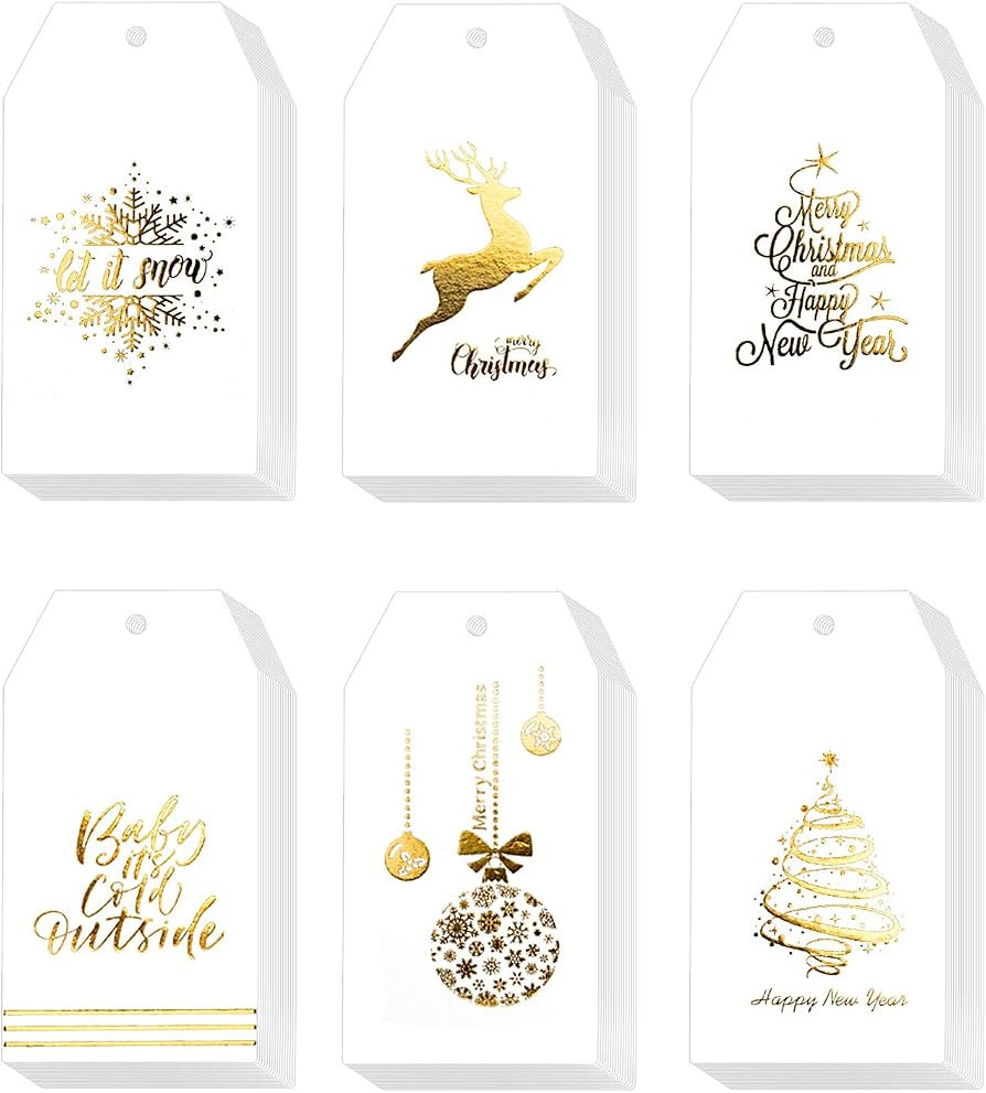Whaline 120 Pcs Christmas Gold Foil Paper Gift Tags Holiday Hang Name Tags Label with Twine for D... | Amazon (US)