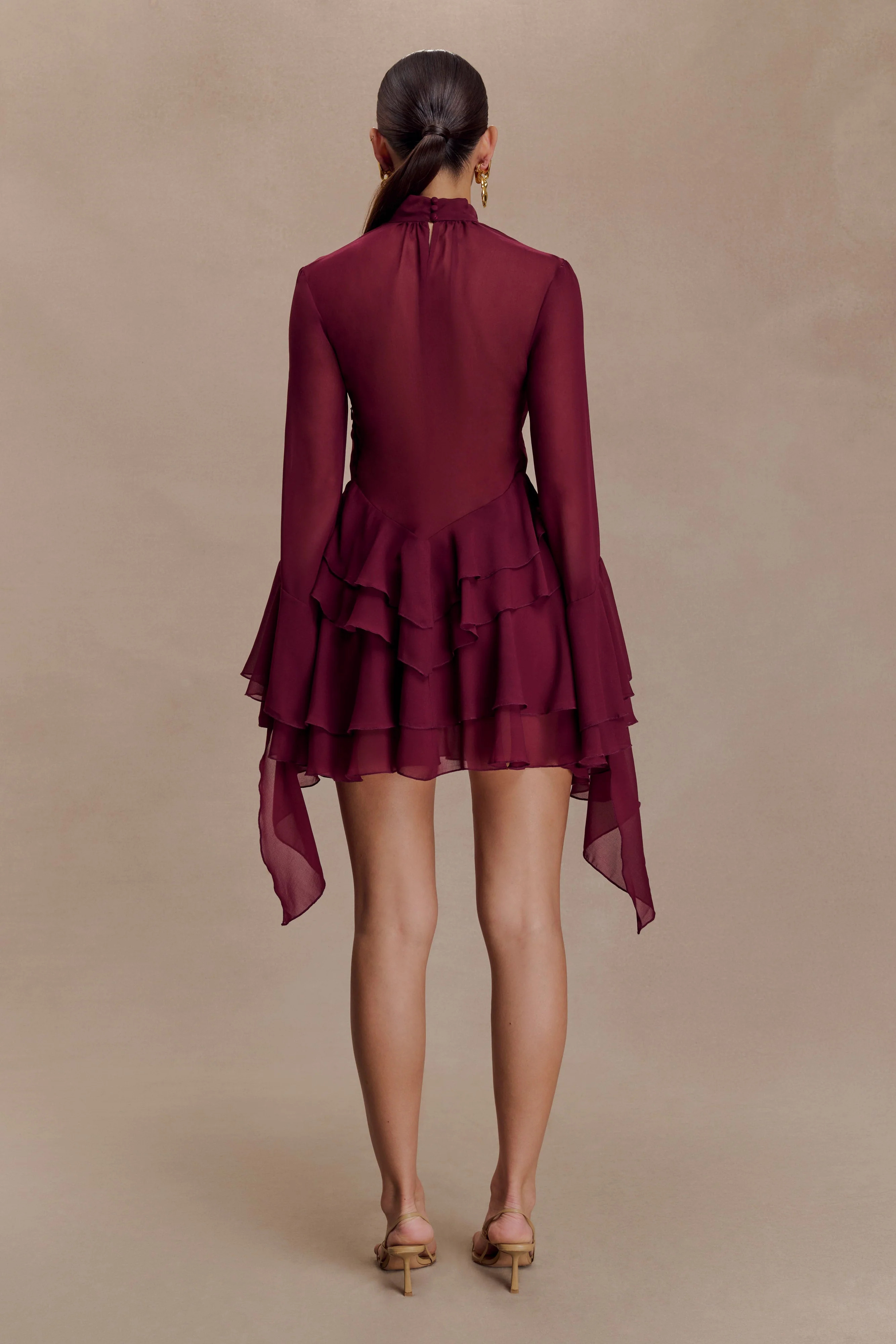 Nimah Chiffon Ruffle Mini Dress - Wine | MESHKI US