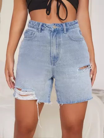 SHEIN EZwear Hoge taille gescheurde onbewerkte boorden denimshort | SHEIN
