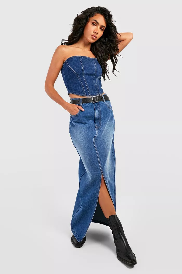 Split Front Denim Maxi Skirt | Boohoo.com (US & CA)