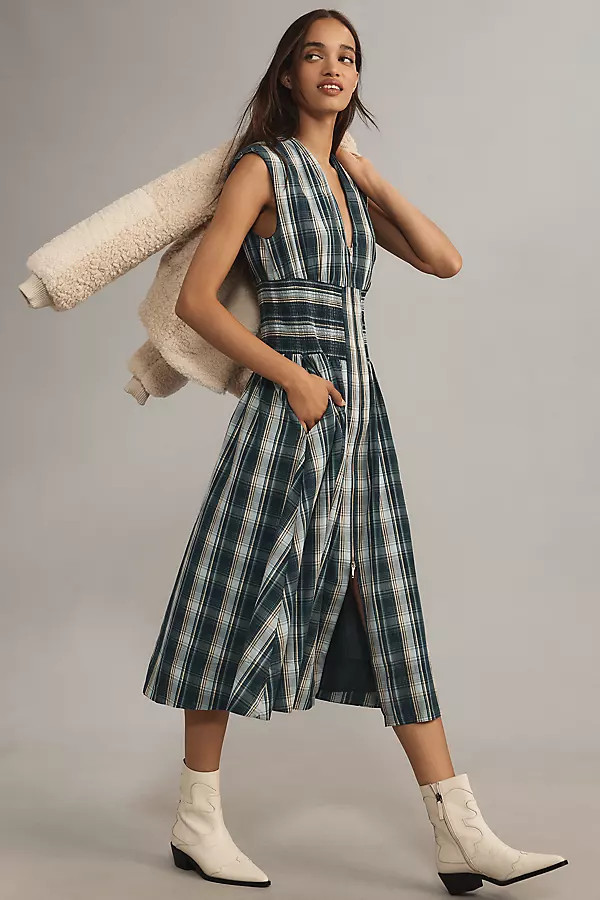 The Tommie Cap-Sleeve Smocked Front-Zip Shirt Dress | Anthropologie (US)