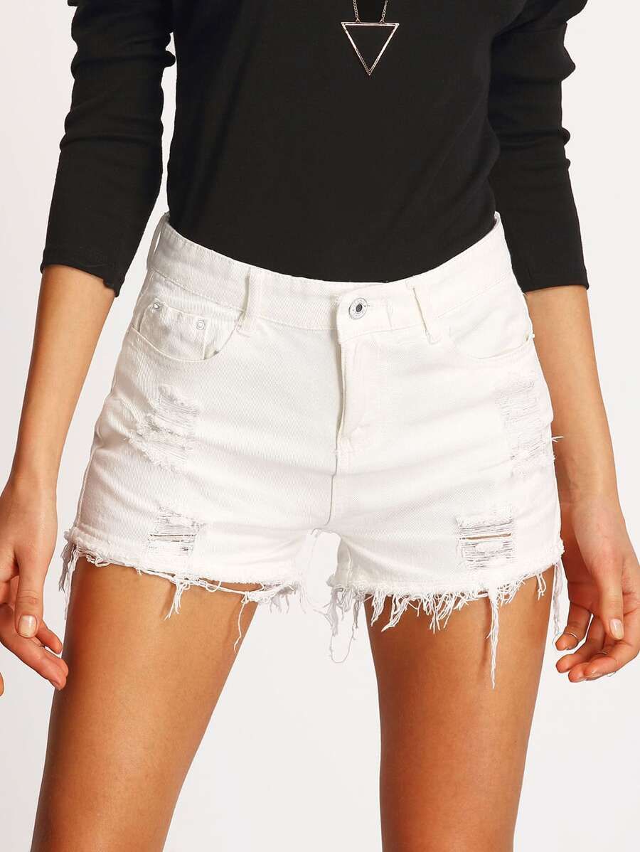 Ripped Detail Raw Hem Denim Shorts | SHEIN