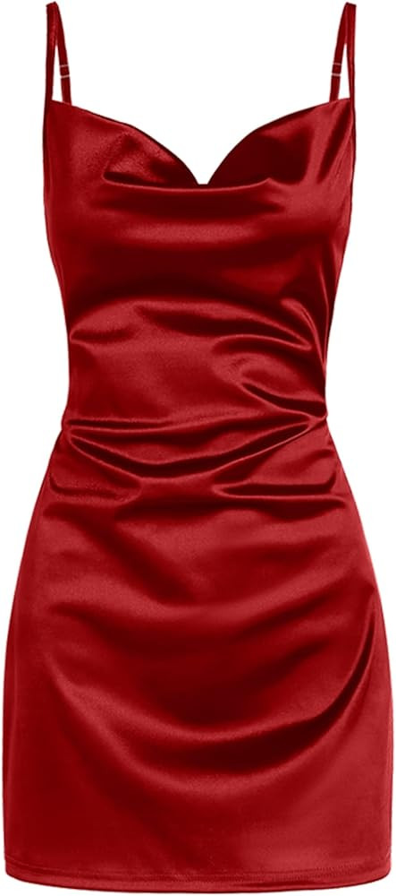 ZAFUL Women's Satin Sleeveless Spaghetti Strap Mini Dress Sexy Slip Cowl Neck Silky Cocktail Part... | Amazon (US)