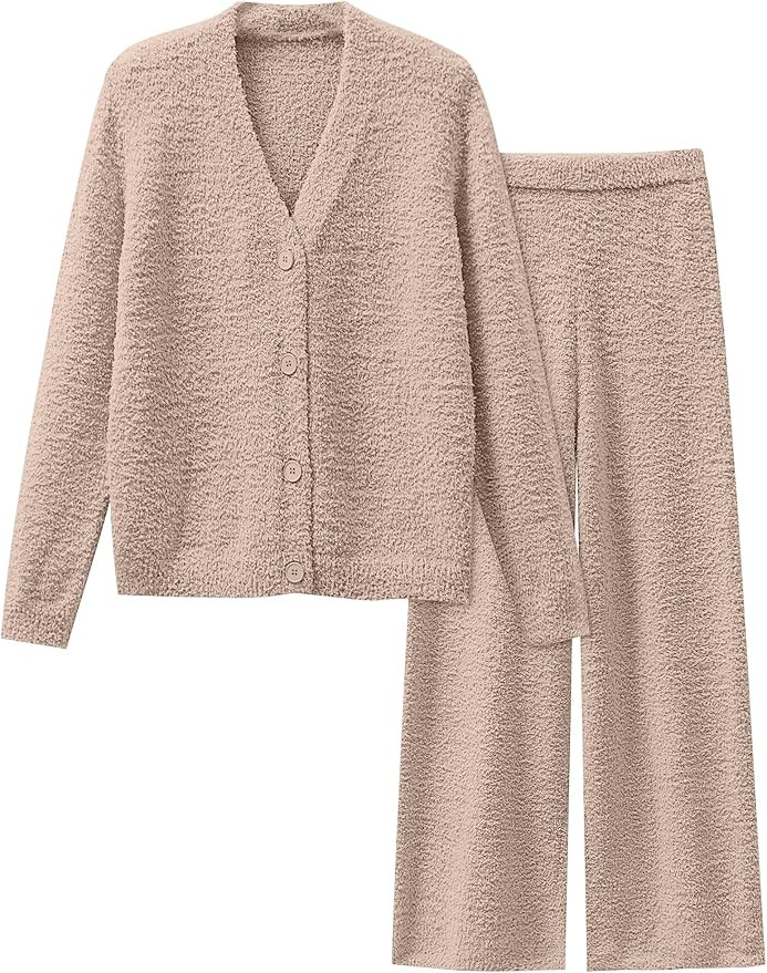 ANRABESS Women Pajama Lounge Sets Fuzzy Fleece 2 Piece Outfits Long Sleeve Cardigan Wide Leg Pant... | Amazon (US)