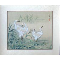 Vintage Oriental Watercolor Painting On Silk Paper, Pair Of Wild Crane Portrait, Vtg Asian Stamped S | Etsy (US)