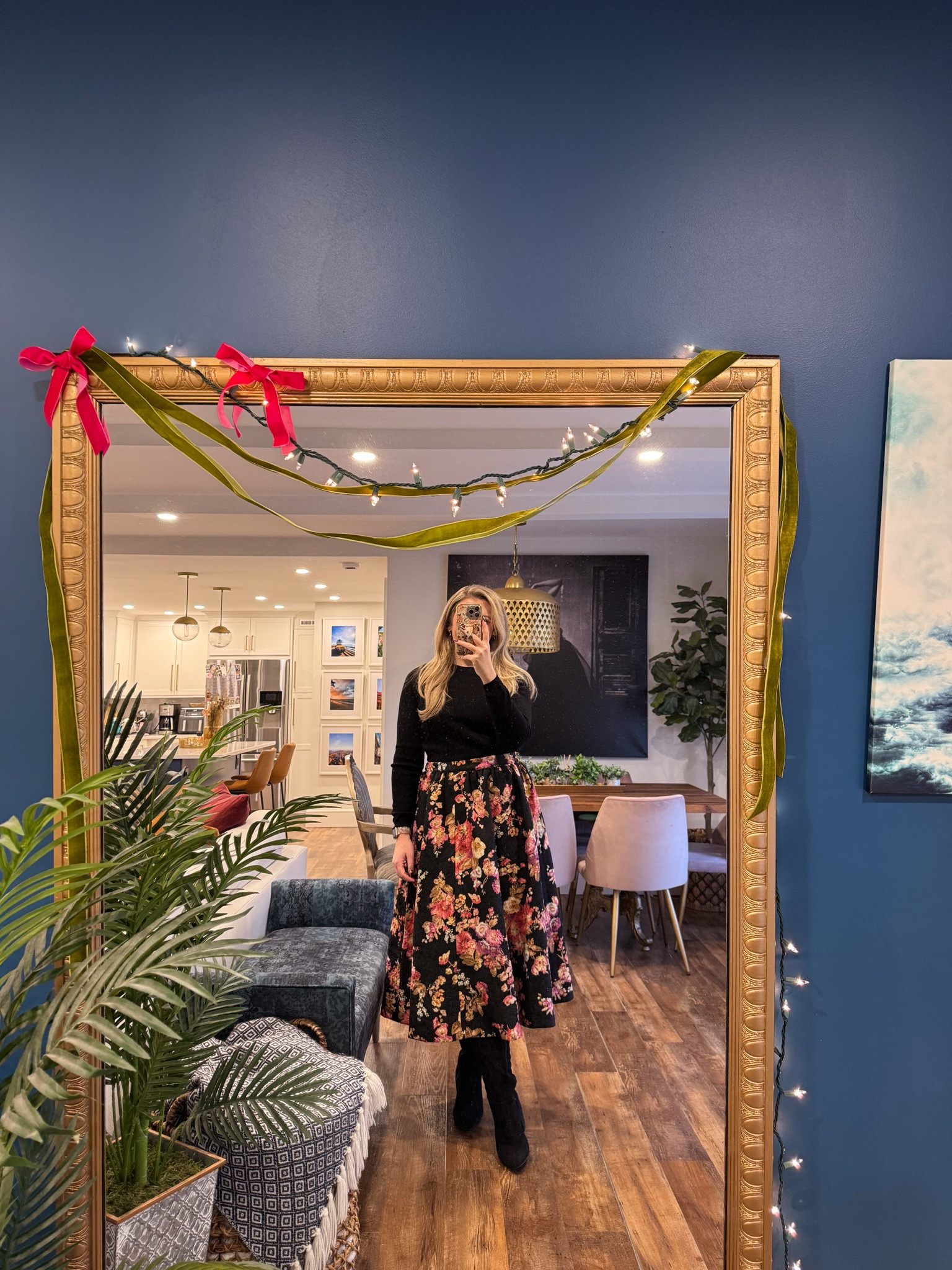 So incredibly obsessed with this full skirt. Wearing a large, waist is a little big. floral skirt, midi skirt, holiday outfit, holiday outfit idea, holiday party outfit, christmas outfit, holiday outfits womens, holiday party outfits, christmas party outfits 

 #LTKHoliday #LTKootd #LTKMidsize