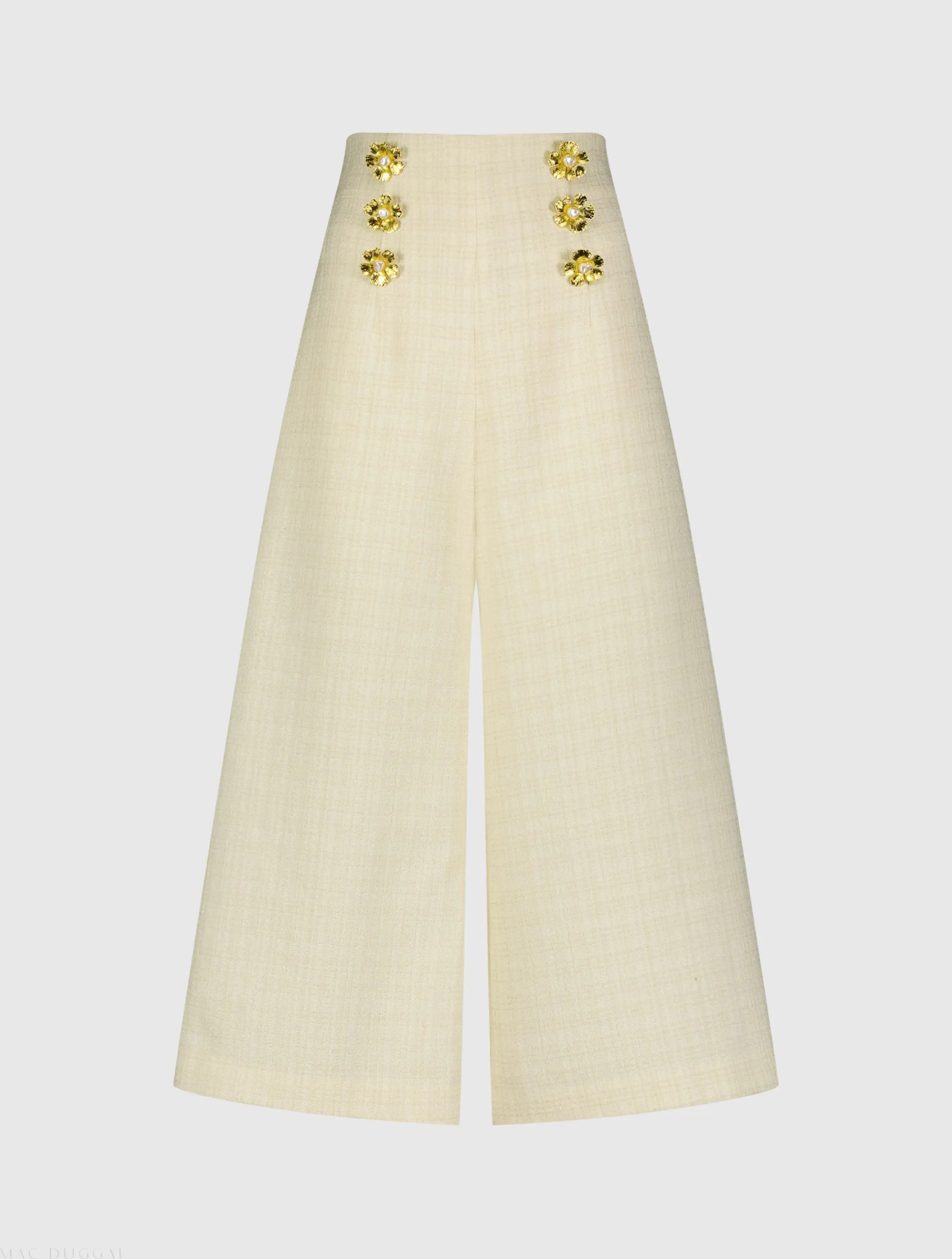 Ivory Tweed High Waisted Wide Leg Sailor Pant with Gold Buttons | Mac Duggal