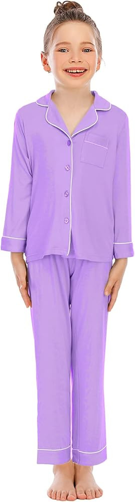 Veseacky Unisex Girls Boys Pajamas Long Sleeve Sleepwear Button-Down 2 Pcs Pjs Set for 5-14 Years | Amazon (US)