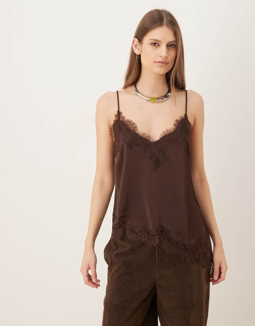 Mango asymmetric hem satin cami top with lace edge in chocolate-Brown | ASOS (Global)