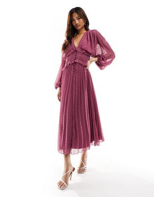 ASOS DESIGN button through shirred waist pleated midi dress in metallic dobby with crochet trim i... | ASOS (Global)