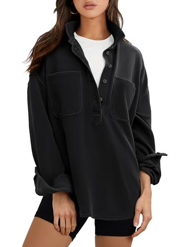 ANRABESS Sweatshirt for Women Oversized Casual Long Sleeve Side Slit Button Lapel Polo Pullover Tunic Tops 2025 Fall Outfits Black Large | Amazon (US)