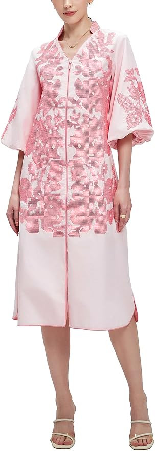 D-Sun Women Floral Embroidered Mid Dress 3/4 Sleeves Casual V-Neck Spring Summer Tunic Loose Zip ... | Amazon (US)