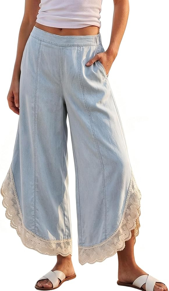 Hooever Women's Lace Trim Cotton Wide Leg Pants High Waist Palazzo Trouser | Amazon (US)
