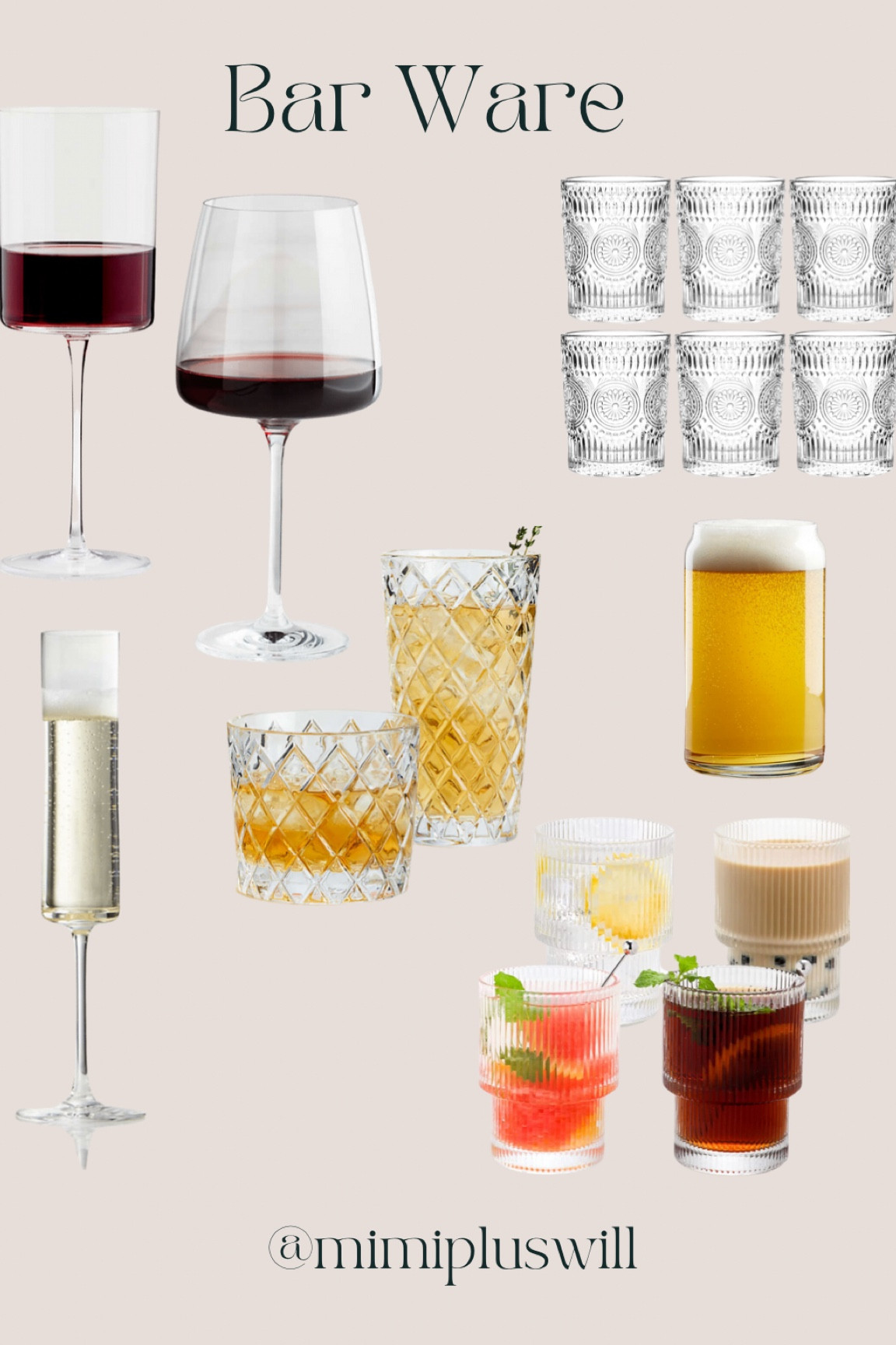 Bar ware most of it I own already and love! Wine glasses, white wine glasses, red wine glasses, beer glasses, water glass, juice glass, champagne glass 


Follow @mimipluswill for more 

#LTKstyletip #LTKunder50 #LTKhome