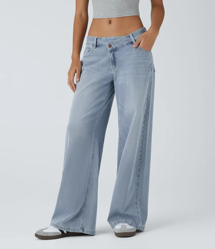Halara Flex\u2122 Asymmetric Low Rise Zipper Pockets Baggy Wide Leg Washed Casual Jeans | HALARA