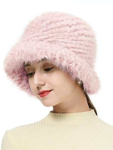 Women's Faux Fur Bucket Hat Teddy Style Cloche Hat Winter Furry Warm Fisherman Cap(Pink Fur) | Amazon (US)