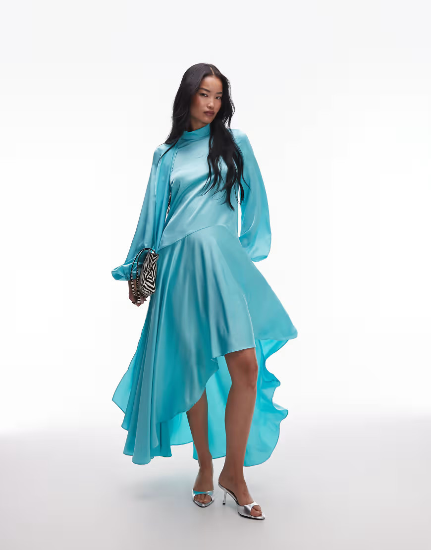 ASOS ARCHIVE satin maxi dress with dropped waist and scarf detail in turquoise-Blue | ASOS (Global)