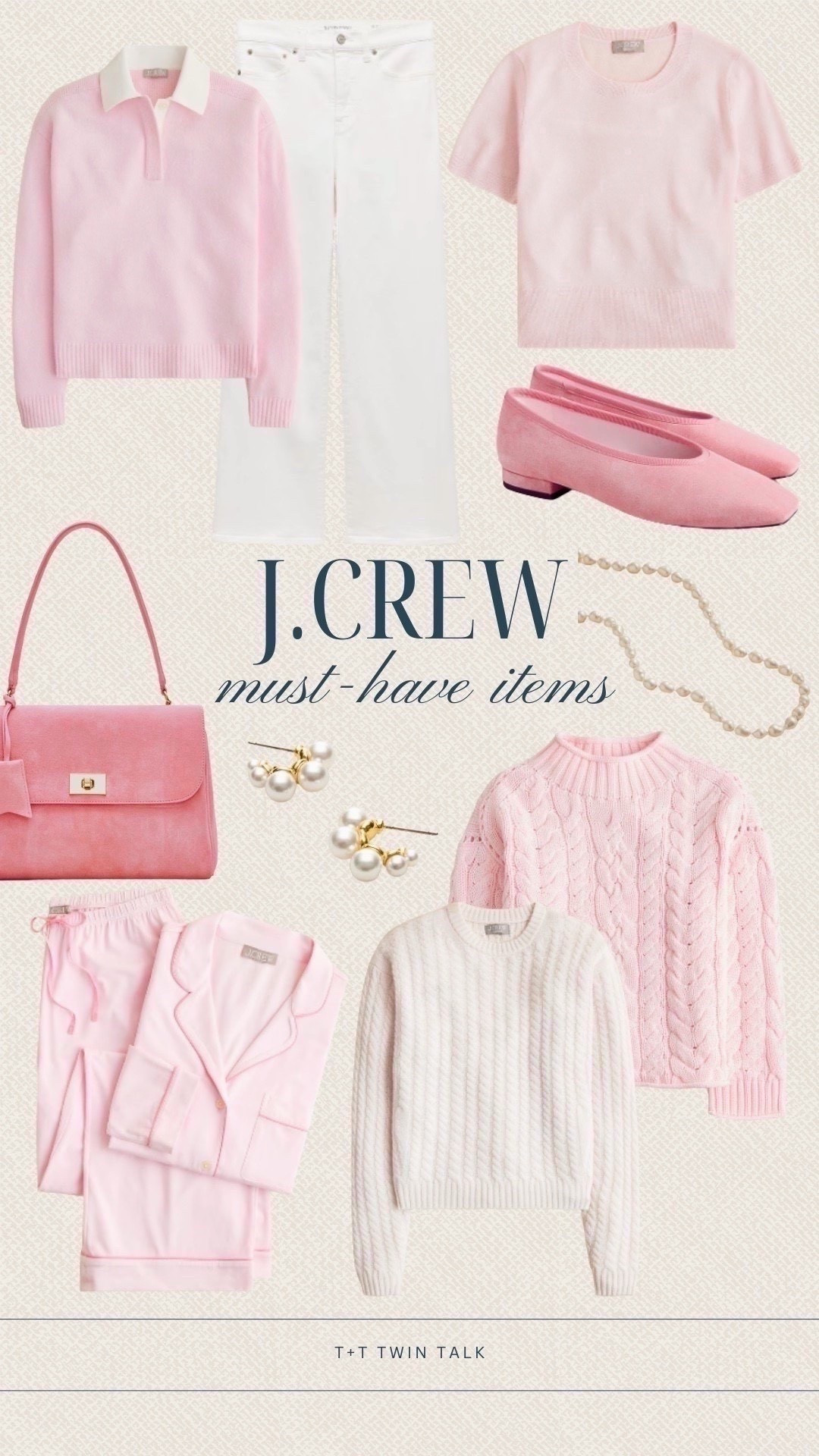 These J.Crew pieces are perfect for the season. From cozy pink pajamas for a relaxing night at home to a cute sweater with white jeans for a fun dinner look, there are so many great options. The pink flats and matching purse really tie everything together beautifully.

#LTKMidsize #LTKOver40 #LTKSeasonal
