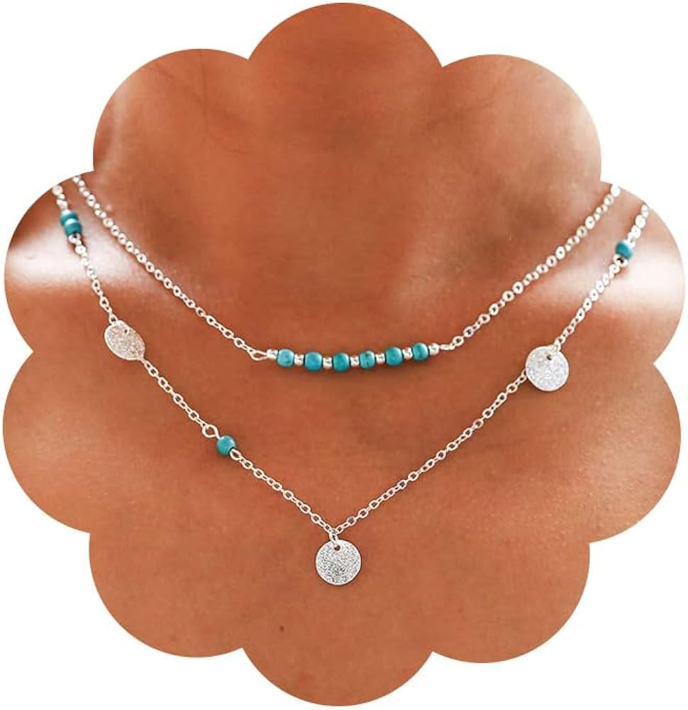 Tgirls Boho Turquoise Necklace Sequin Pendant Necklaces Layered Bead Necklace Chain Western Neckl... | Amazon (US)