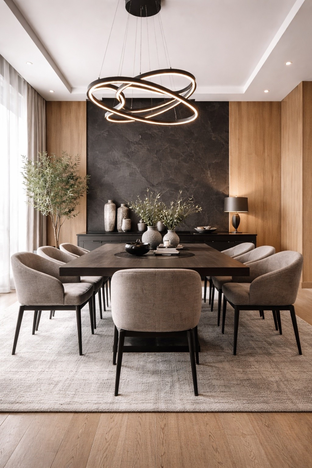 A sleek dining room with warm wood tones, sculptural lighting, and an elegant modern luxe feel.

#diningroomideas #luxurydiningroom #moderndiningroom #diningroomdecor #elegantinteriors #modernluxury #interiordesign #homedecor #neutralhome #statementlighting #diningtabledecor #designerhome #highendinteriors #diningroominspo #homeinspo #designinspo #wayfairhome #ltkhome #ltkdecor #ltkdesign #ltkfinds #ltkit #shopthelook #pinteresthome #luxuryinteriors #sophisticatedstyle #neutraldecor #modernhome #glamdiningroom #decorinspo