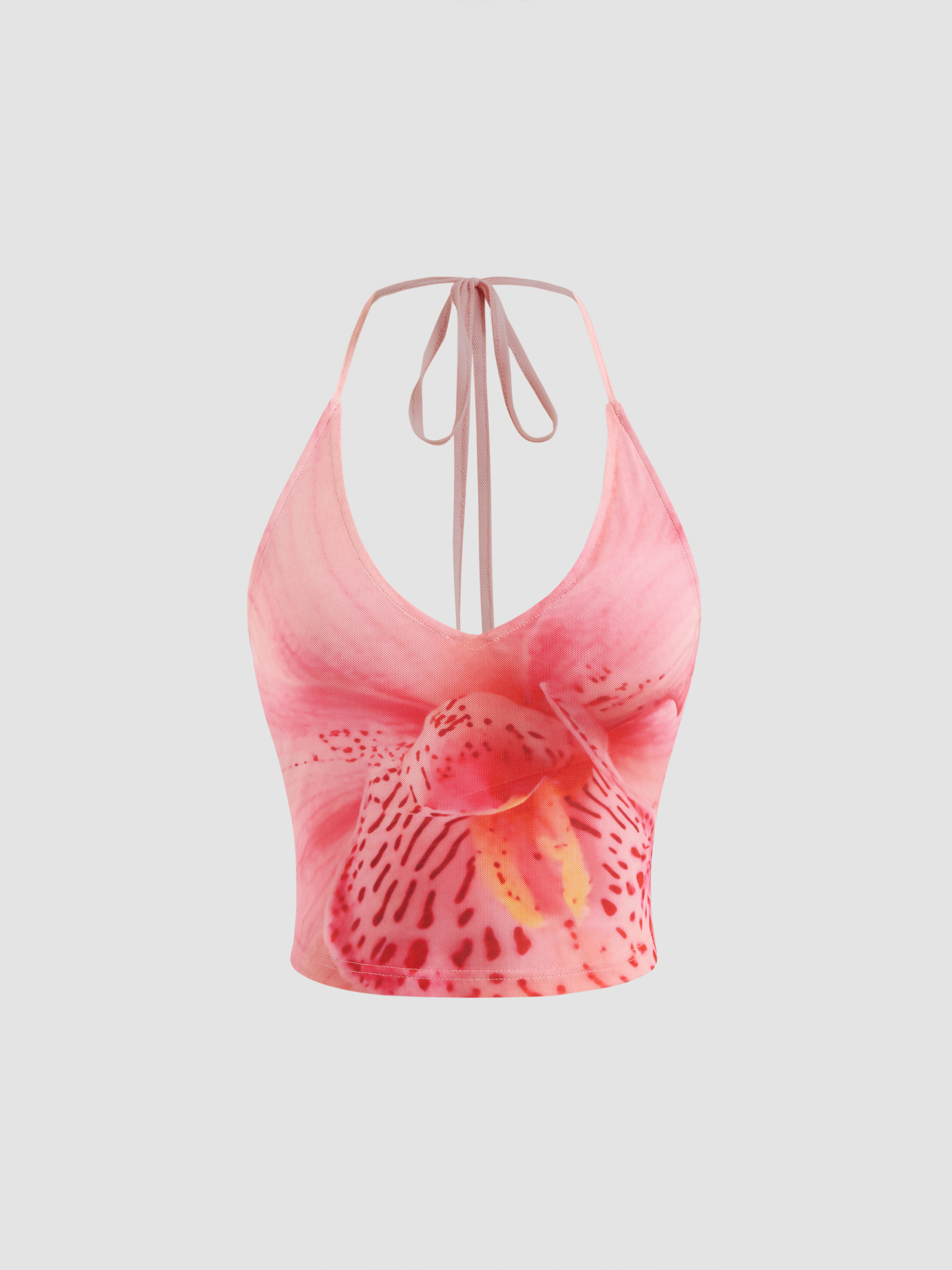 Mesh Mesh Halter Neckline Floral Knotted Crop Cami Top For Vacation | Cider