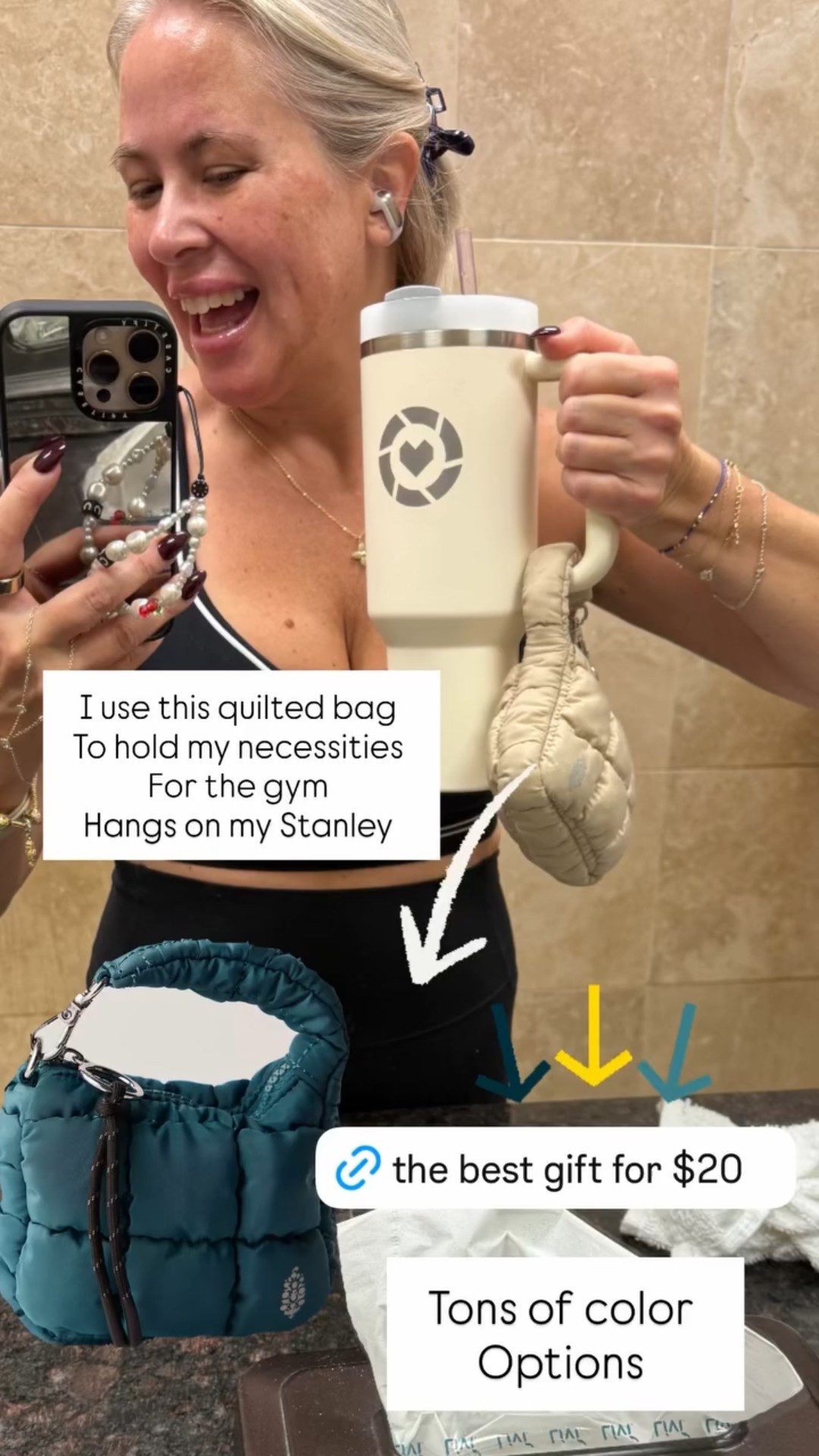 I use this quilted bag 
To hold my necessities 
For the gym 
Hangs on my Stanley  Tons of color 
Options