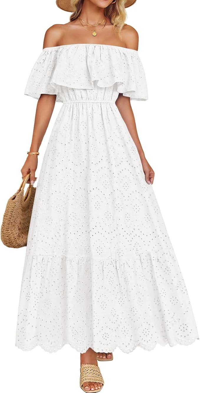 ZESICA Women's 2026 Summer Off Shoulder Ruffle Midi Dress Short Sleeve High Waist Hollow Out Embr... | Amazon (US)