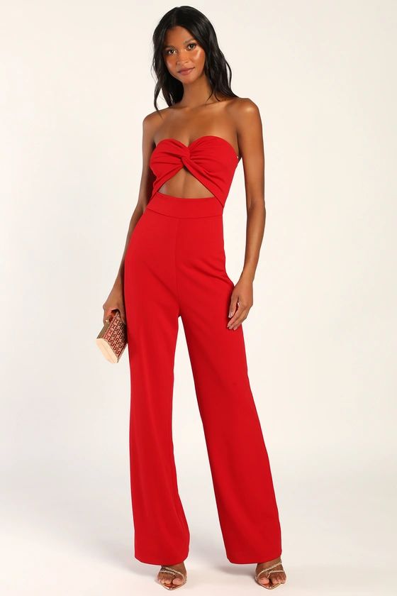 All That She Wants Red Strapless Cutout Straight Leg Jumpsuit | Lulus (US)