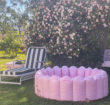 Swimming pool. Swim. Summer outdoor essentials. This black and white stripe chaise lounge cushion is the standard size and fit my vintage metal chaise lounge chair. Pink inflatable pool. Scalloped pool. Best pink climbing rose bush on arbor. Amazon home. Amazon finds. Amazon gift idea. 💗🌸💗

#LTKunder100 #LTKfamily #LTKhome