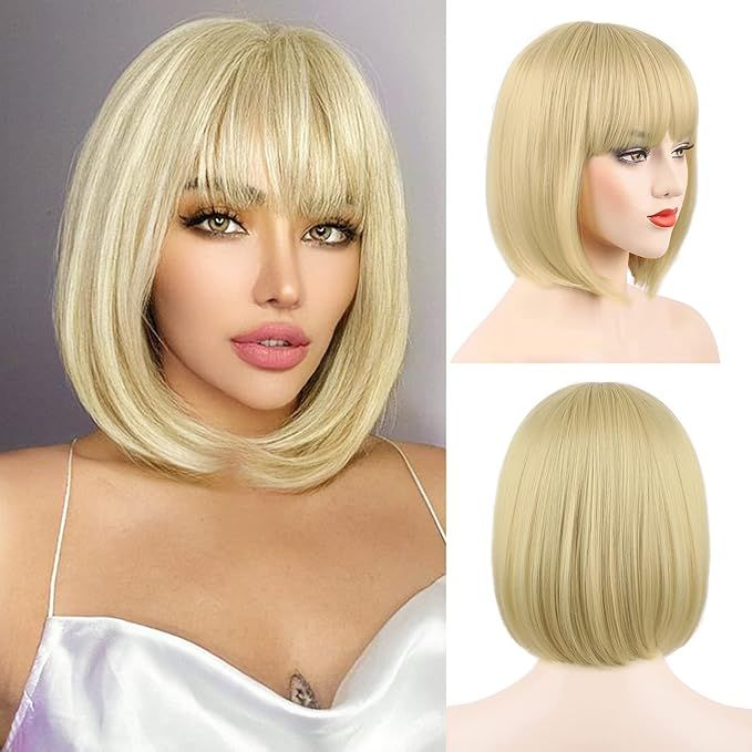 Bob Wig with Bangs - 12 Inch Short Wigs for Women, Super Soft & Easy To Wear Straight Bob Wig, Na... | Amazon (US)