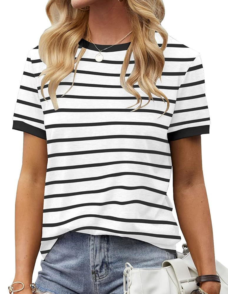 Womens T Shirt Short Sleeve Crew Neck Basic Color Block Tee Tops | Amazon (US)