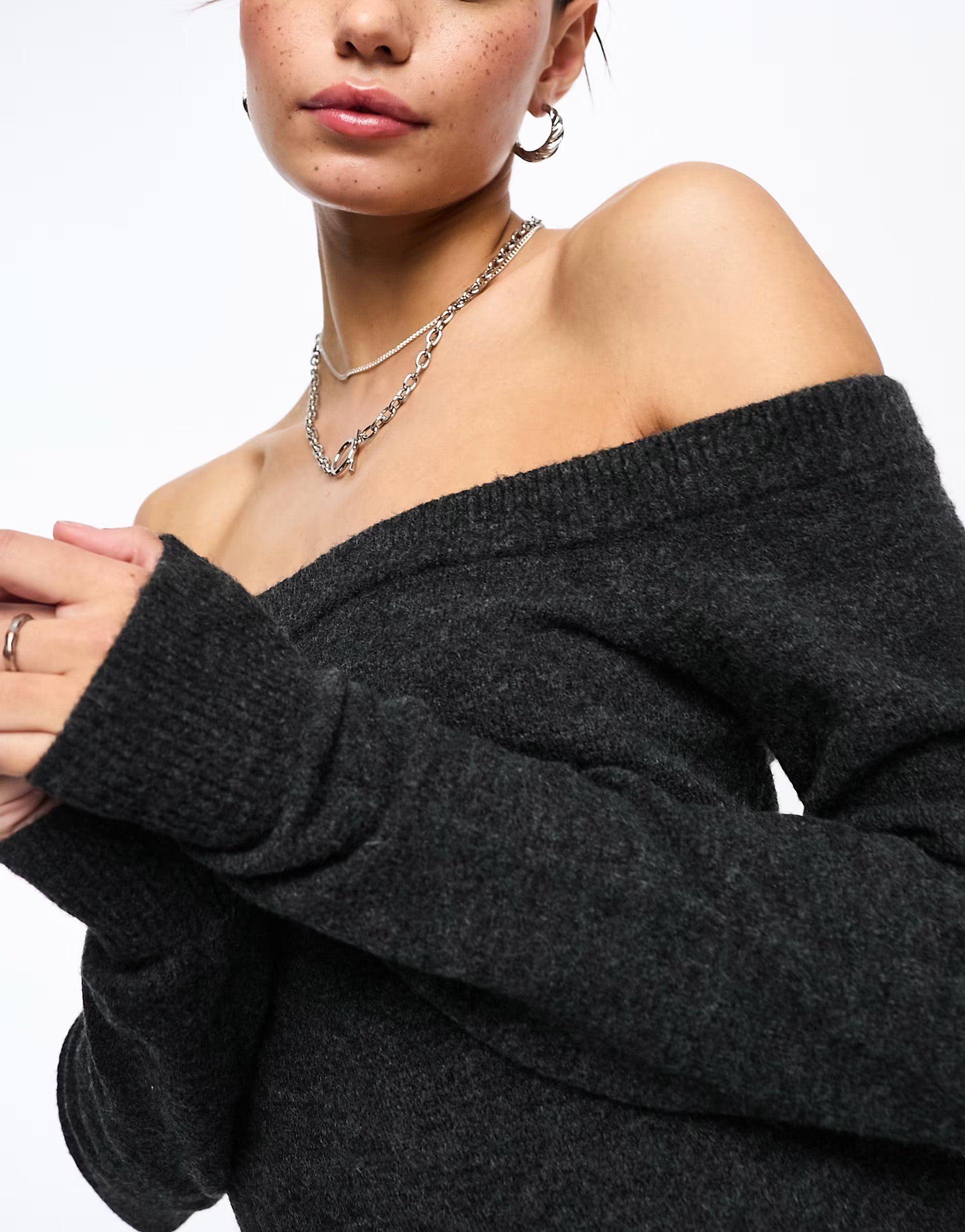 Weekday wool blend off shoulder midaxi knitted jumper dress in off-black melange exclusive to ASO... | ASOS (Global)