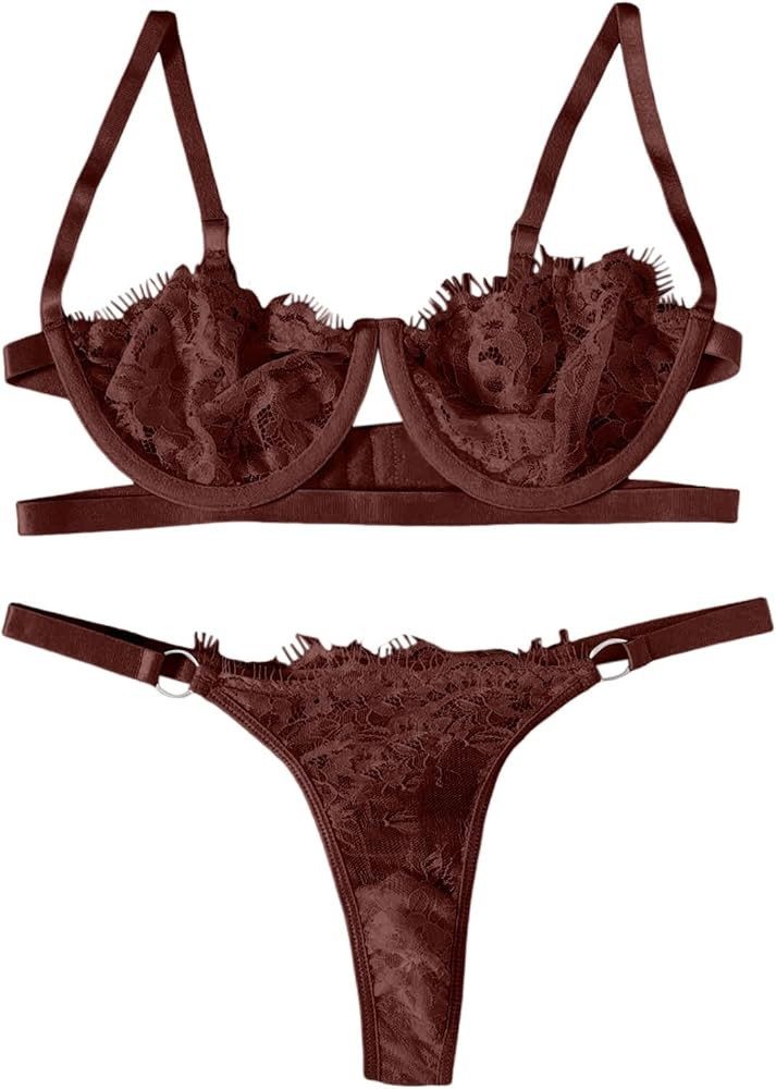 Bwaydeg Lingerie Set for Women Sexy Harness Strappy V Neck Bra and Panty Sets Hollow Out Floral L... | Amazon (US)