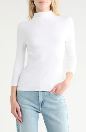 Nordstrom Three-Quarter Sleeve Stretch Pima Cotton Mock Neck T-Shirt in White at Nordstrom Rack, Size Small | Nordstrom Rack