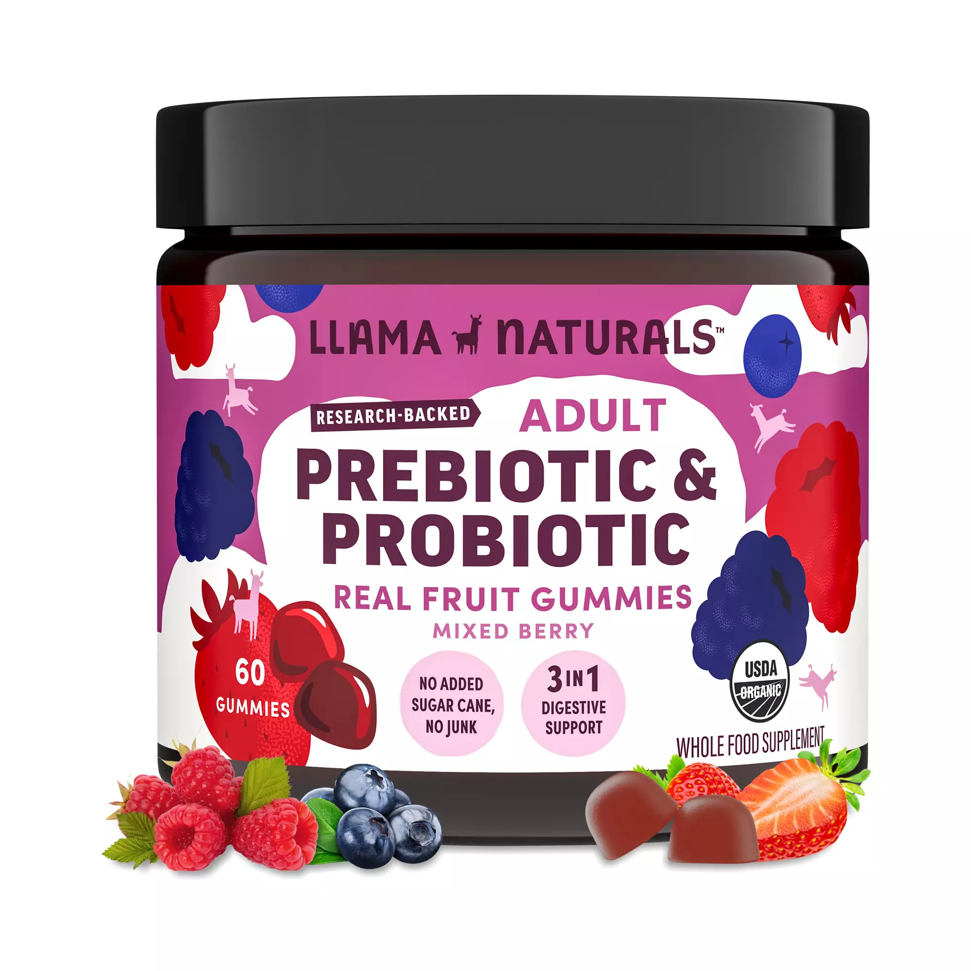 Llama Naturals Adult Organic Prebiotic & Probiotic Gummies, Mixed Berry 60 gummies | Thrive Market