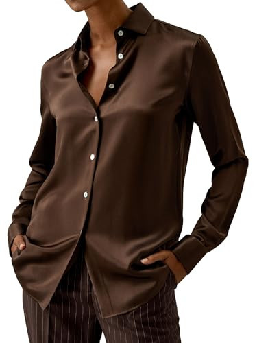 LilySilk 100% Silk Shirt for Women Ladies Silk Blouse Dressy Casual Long Sleeve Spread Collar and Shell Button Up Work(Chocolate,S) | Amazon (US)