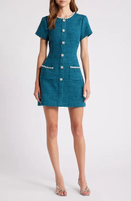 LIKELY Alani Imitation Pearl & Rhinestone Detail Tweed Minidress in Gulf Coast at Nordstrom, Size... | Nordstrom