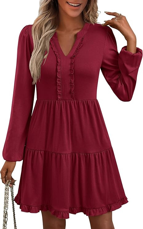 ANRABESS Womens Long Sleeve Dress 2025 Fall Casual V Neck Tiered Flowy Swing Short Mini Dresses B... | Amazon (US)