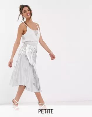 John Zack Petite exclusive metallic pleated midi skirt in silver | ASOS (Global)